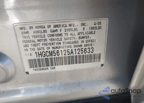 2005 Honda Accord 2.4 Dx from USA, damaged, VIN 1HGCM56125A125633